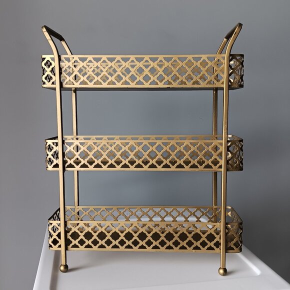 Gold-toned Metal Three Tiered Decorative Organization Tray 13" Tall - Picture 8 of 10